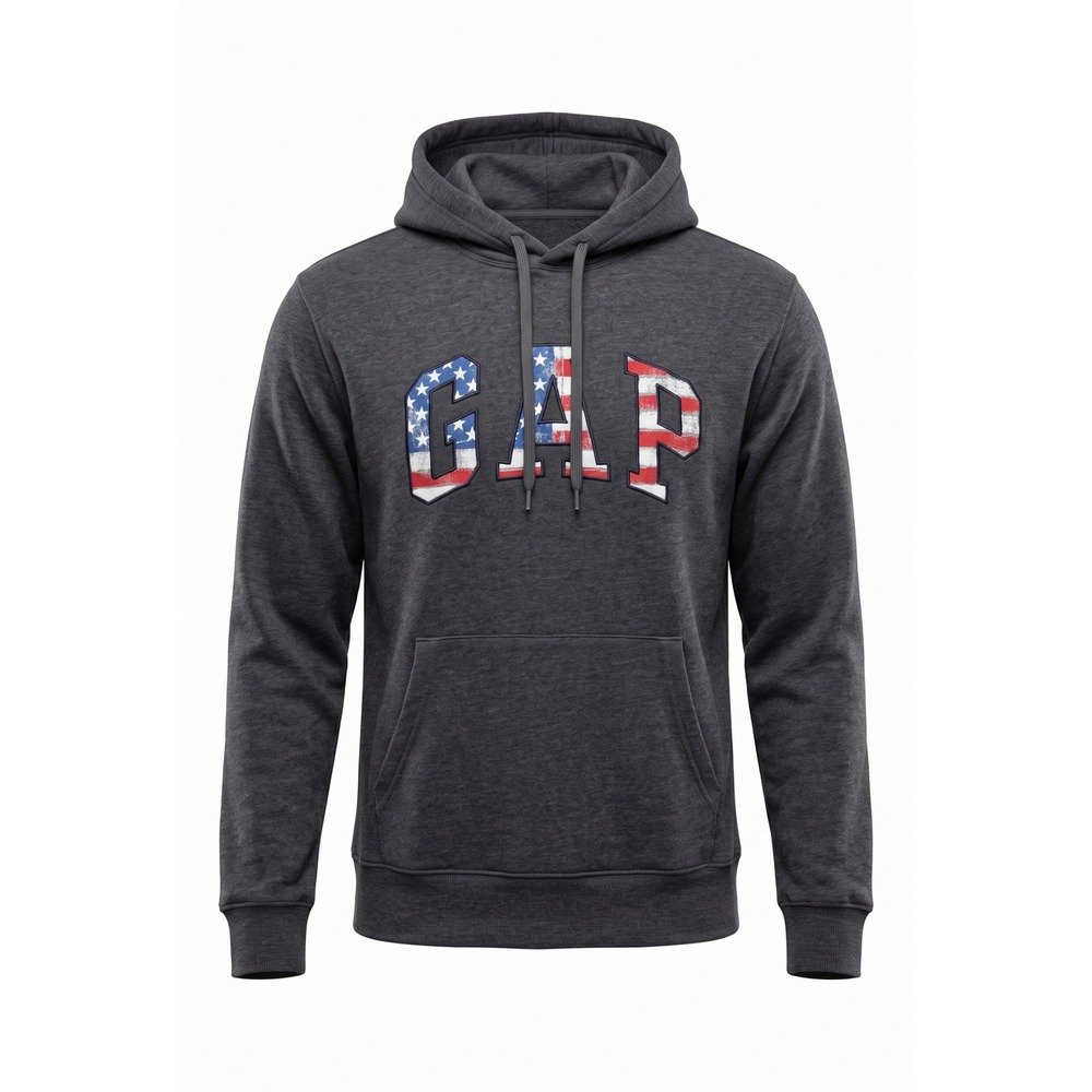 GAP Hoodie Womens Medium Gray Heather American Flag Arch Logo Pullover Sweat